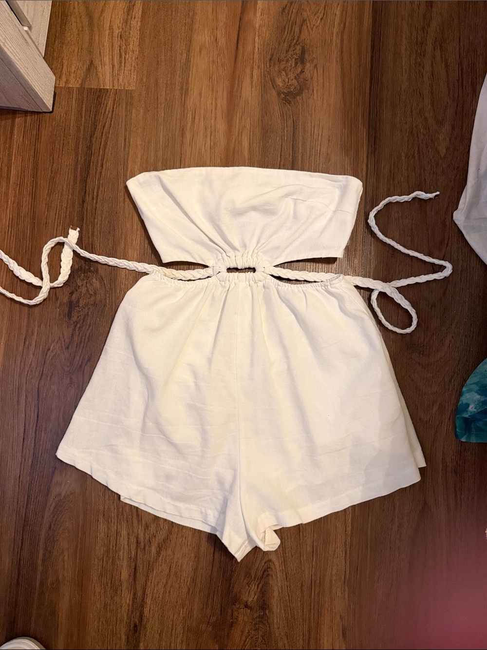 Hello Molly White Strapless Cutout Romper with Braided Ties